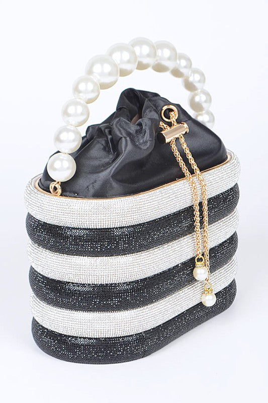 Pearl Handle Rhinestone Statement Bucket Clutch