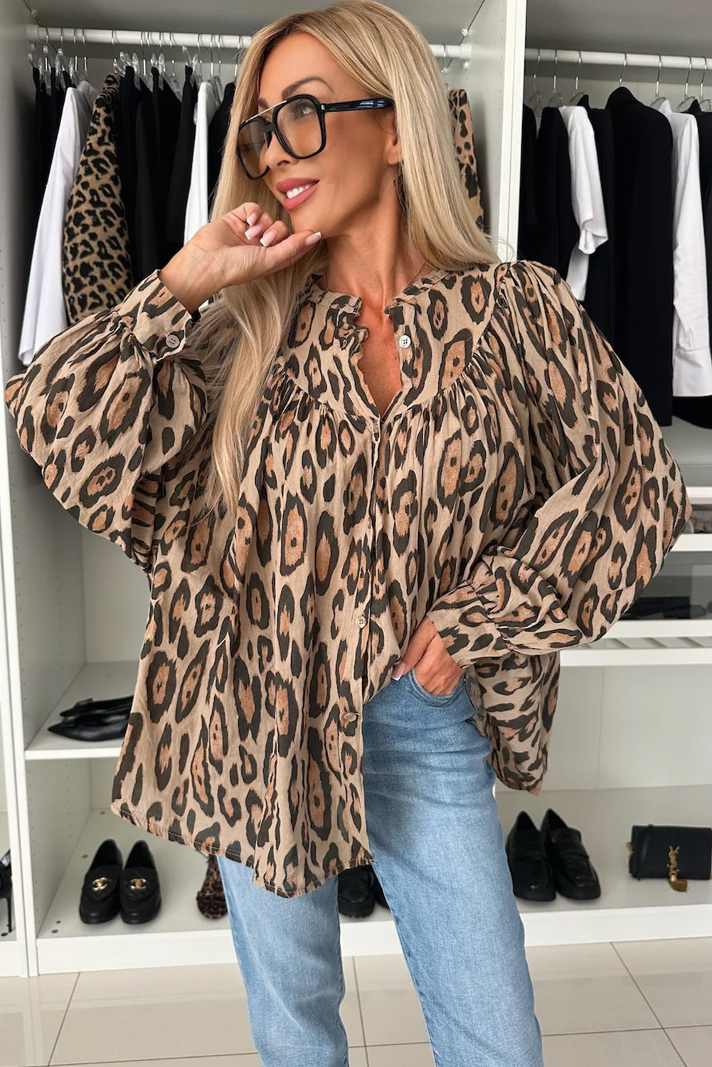 Light French Beige Oversized Leopard Print Balloon Sleeve Casual Shirt